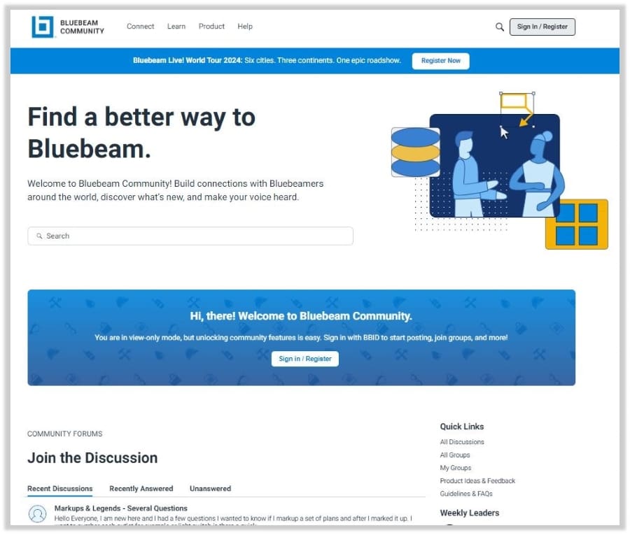 Screenshot of the Bluebeam customer community, powered by Higher Logic