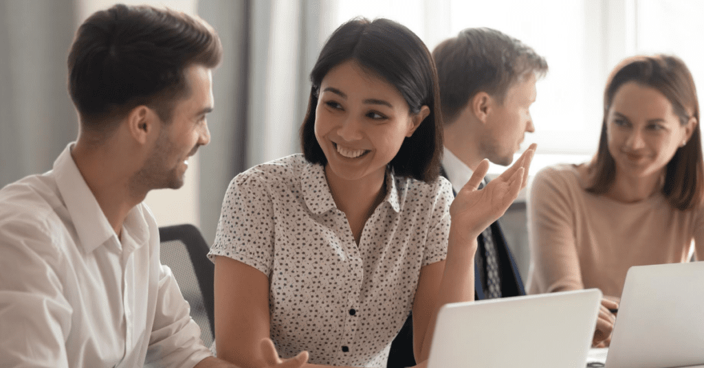 Managers discussing customer engagement software