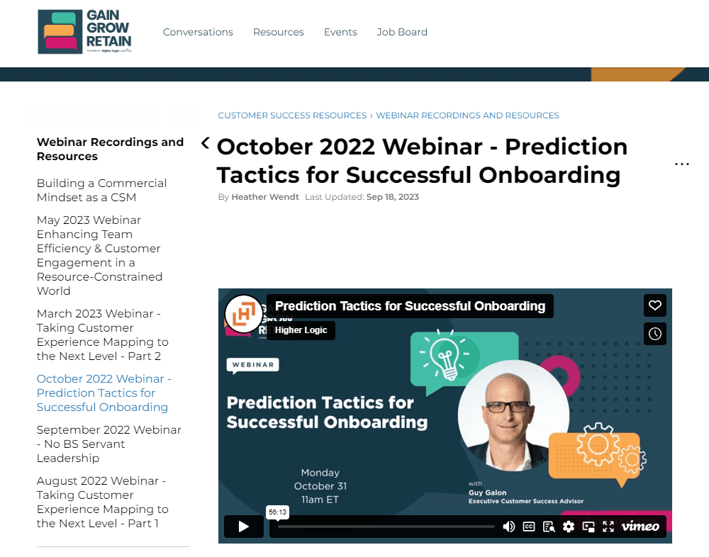 Gain Grow Retain - Embedded video on Higher Logic Vanilla community platform