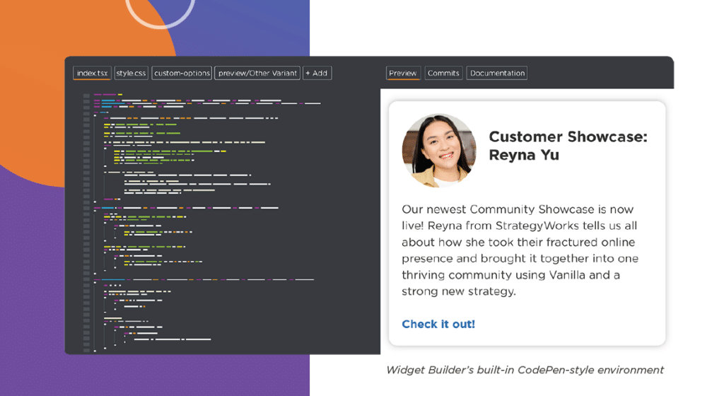 Higher Logic Vanilla Custom Widget Builder built-in CodePen-style environment