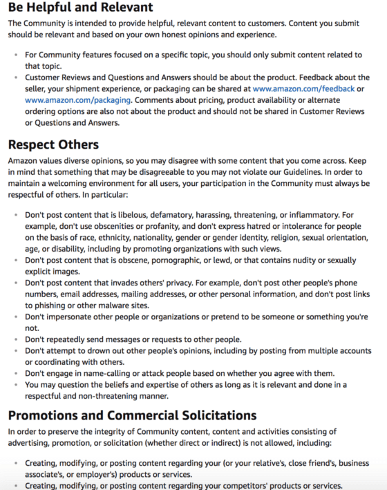 Amazon Community Guidelines, Retrieved November 2018.